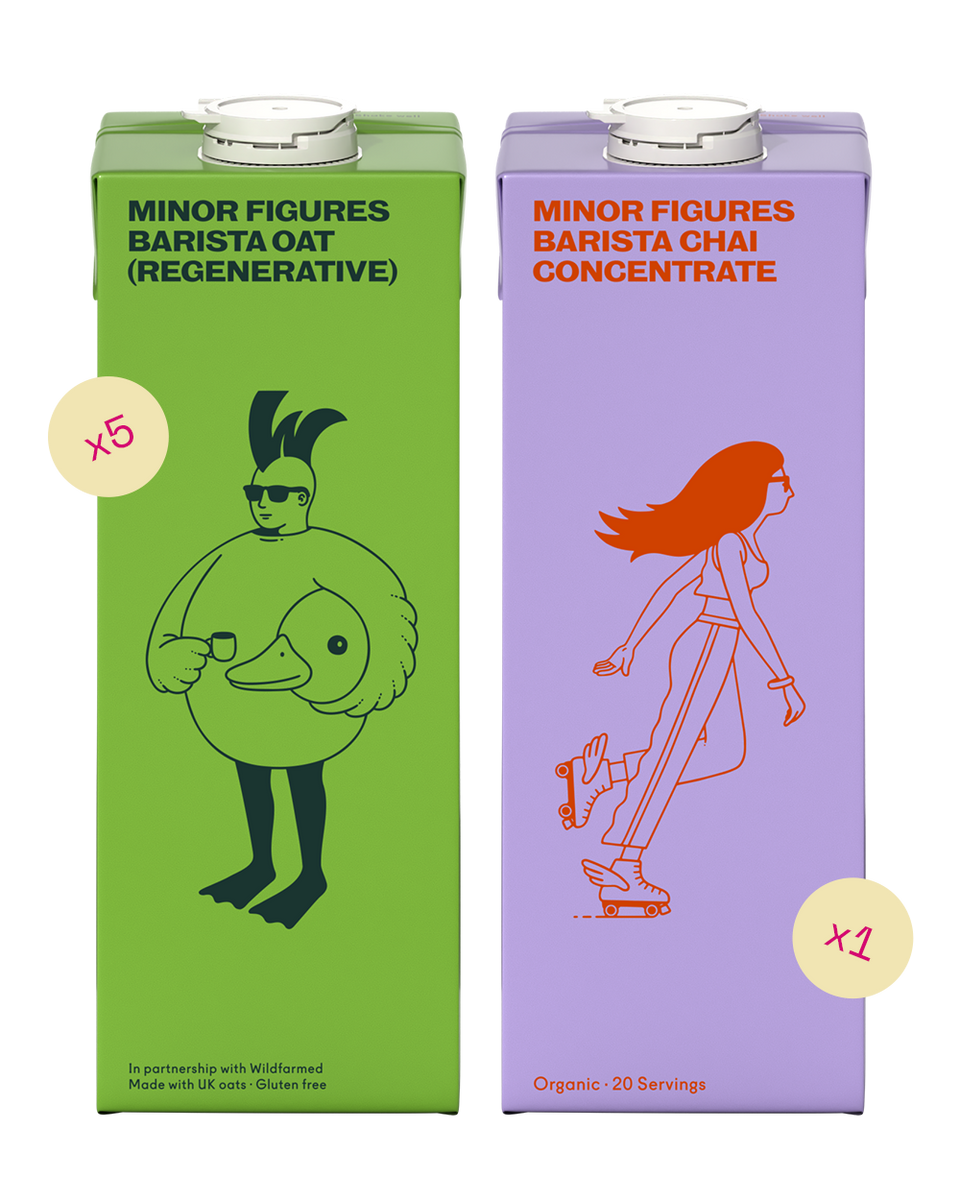 Minor Figures Barista Oat Drink (Regenerative, UK-grown) x5 and Minor Figures Organic Barista Chai Concentrate x1 – bundle packshot.