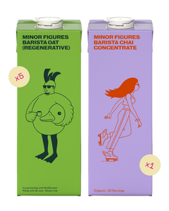 Minor Figures Barista Oat Drink (Regenerative, UK-grown) x5 and Minor Figures Organic Barista Chai Concentrate x1 – bundle packshot.