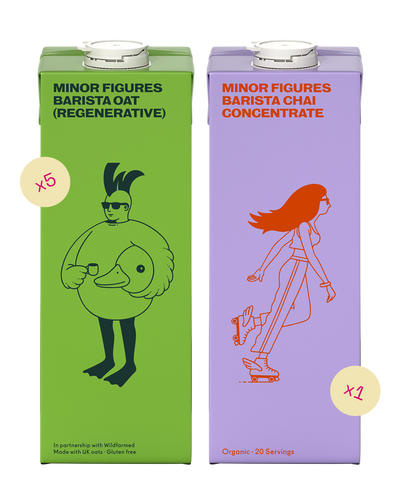 Minor Figures Barista Oat Drink (Regenerative, UK-grown) x5 and Minor Figures Organic Barista Chai Concentrate x1 – bundle packshot.